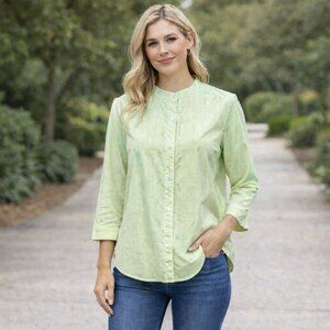 Talbots Shirt Blouse Button Down Womens M 3/4 Sleeves Green Gingham Cottage Core
